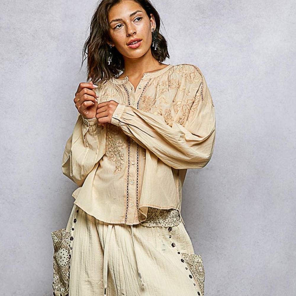 ♥️Hello Gorgeous! POL Embroidery Button Down Long Sleeve Washed Shirt - Almond - Picture 7 of 10